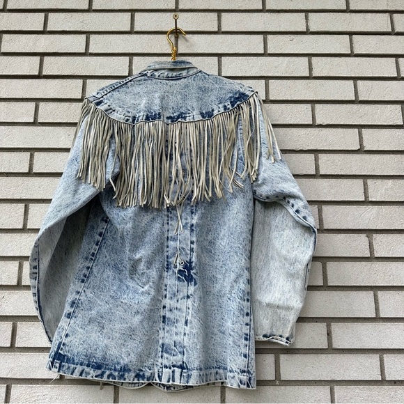 Vintage Acid Wash Denim Leather Fringe Jacket Western Cowboy Rodeo Blazer M - Picture 9 of 10